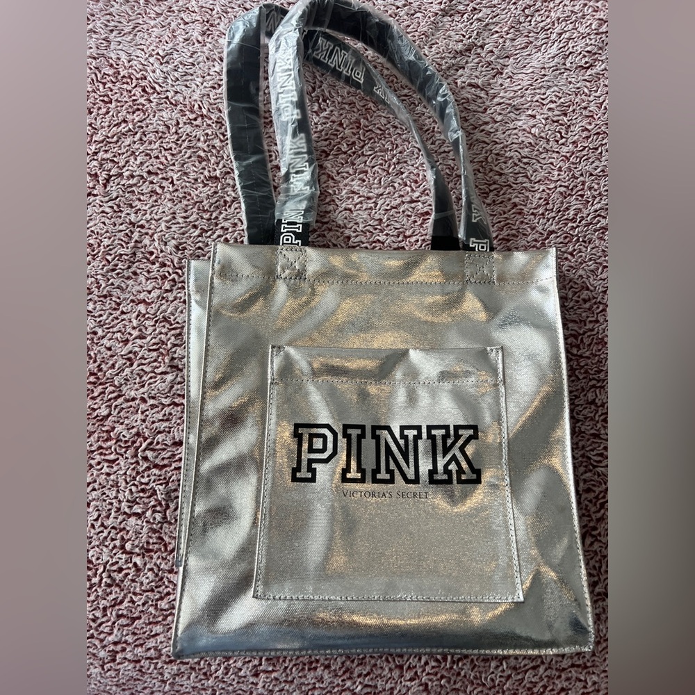Victoria’s Secret PINK Silver Metallic Tote Bag NWT